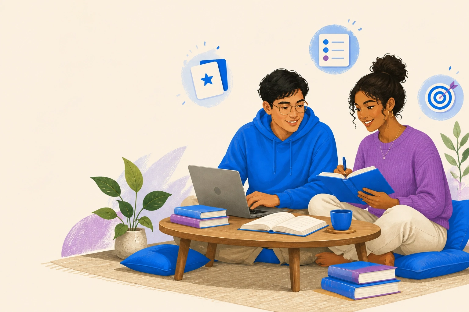 Two learners studying together with books and a laptop