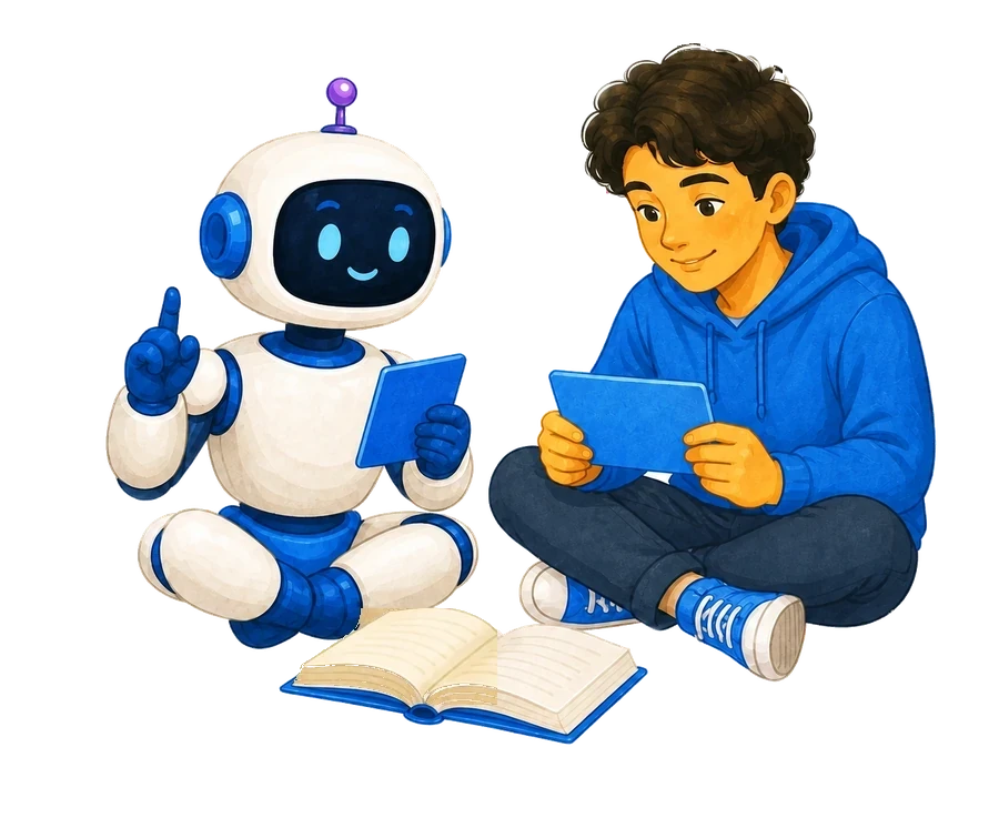 Two learners studying together with books and a laptop